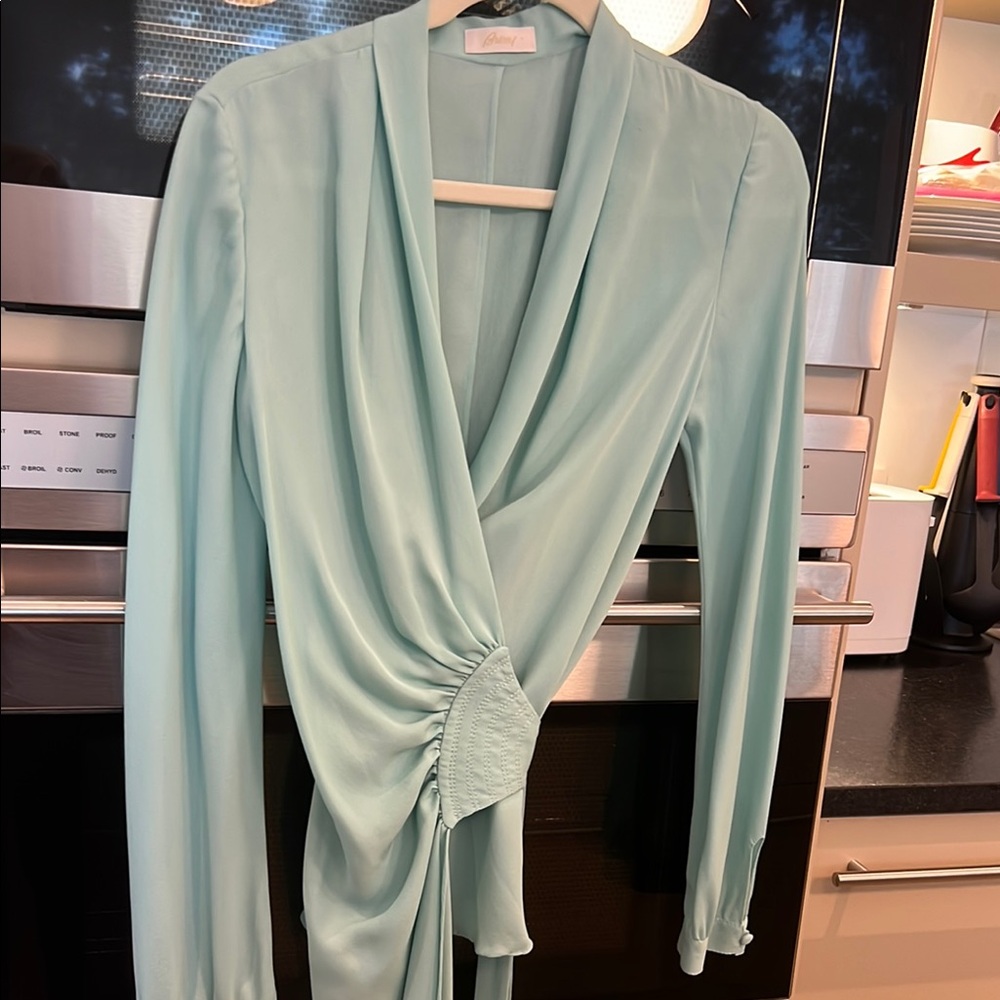 Brioni Green Wrap Blouse with V-Neckline